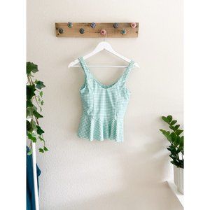 Albion | Green & White Gingham Crop Peplum Top Women's Sz S Pullover Sleeveless